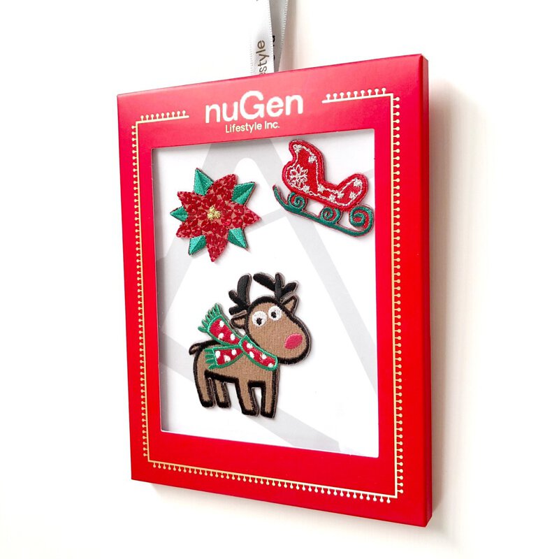 聖誕紅、麋鹿、雪橇刺繡布貼