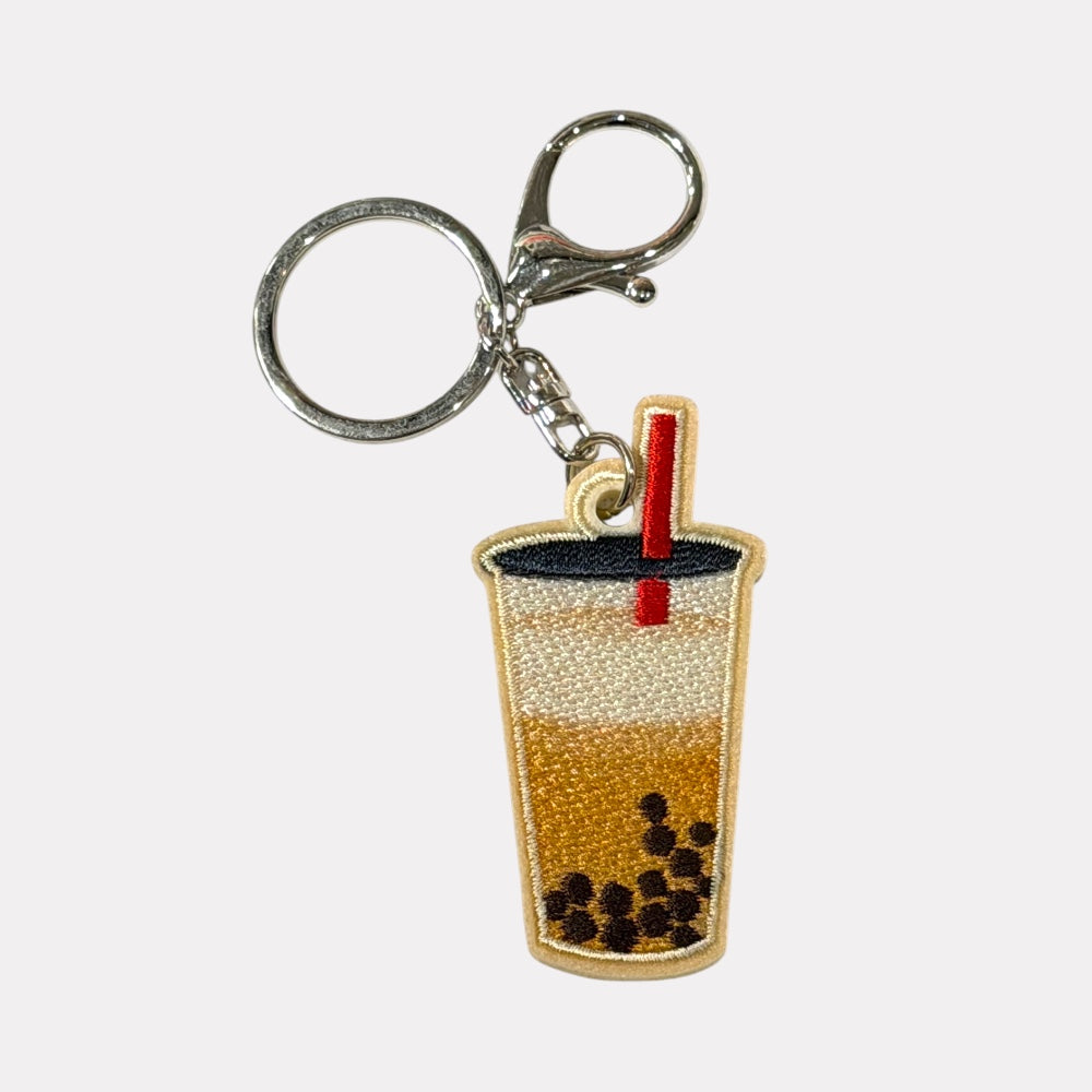 珍珠奶茶正面刺繡鑰匙圈