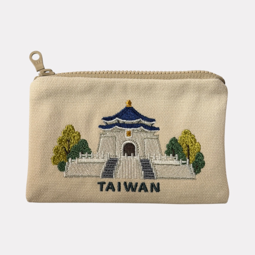 米色中正紀念堂刺繡帆布拉鍊零錢包正面