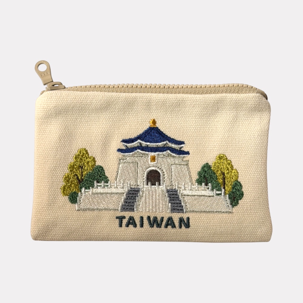 米色中正紀念堂刺繡帆布拉鍊零錢包正面