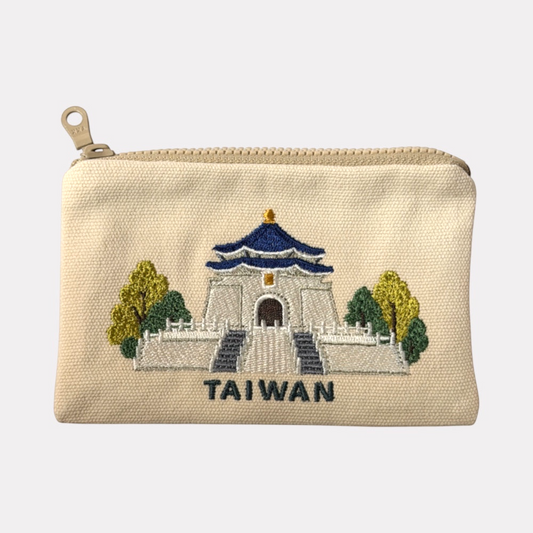 米色中正紀念堂刺繡帆布拉鍊零錢包正面
