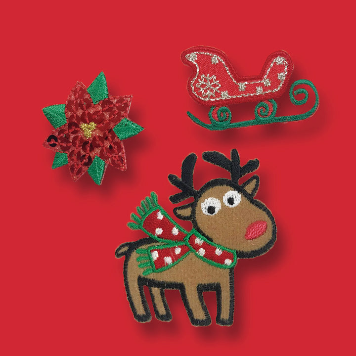 聖誕紅、麋鹿、雪橇刺繡布貼