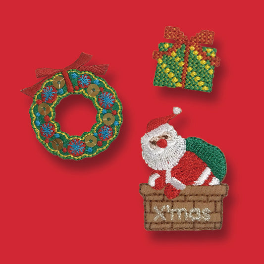 聖誕老人、聖誕花圈、禮物刺繡布貼